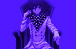  1boy buttons chair checkered_clothes checkered_scarf closed_mouth danganronpa_(series) danganronpa_v3:_killing_harmony double-breasted grey_jacket hair_between_eyes highres jacket jodan_(user_kjwm3255) long_sleeves looking_at_viewer male_focus oma_kokichi purple_background scarf simple_background sitting smile 