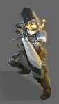  1girl armor blonde_hair blue_eyes braid braided_ponytail closed_mouth english_commentary for_honor full_armor full_body gauntlets greaves grey_background helmet highres holding holding_sword holding_weapon kinn_(kinn70133) knight long_hair looking_at_viewer pauldrons shoulder_armor simple_background solo sword warden_(for_honor) weapon 