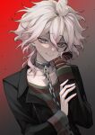  1boy absurdres black_jacket blush chain collar collarbone danganronpa_(series) danganronpa_another_episode:_ultra_despair_girls gradient_background grey_hair hand_on_own_cheek hand_on_own_face highres jacket komaeda_nagito long_sleeves medium_hair messy_hair metal_collar nanin open_clothes open_jacket red_background servant_(danganronpa) shirt smile solo striped_clothes striped_shirt 