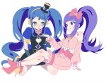  2girls anchiki_shou archived_source bad_id bad_twitter_id black_dress black_gloves blue_hair blunt_bangs blush bow braid braided_bangs closed_mouth crossed_legs crying crying_with_eyes_open detached_sleeves dress full_body garara_s_leep gloves hair_bow hanazono_shuka hat head_chain headphones high_heels highres idol_clothes idol_time_pripara long_hair looking_at_another mini_hat mini_top_hat multiple_girls open_mouth pink_bow pink_footwear pink_shirt pink_skirt ponytail pretty_series pripara puffy_short_sleeves puffy_sleeves purple_hair shirt short_sleeves simple_background sitting skirt smile symbol-shaped_pupils tears top_hat twintails very_long_hair violet_eyes white_background yellow_eyes 