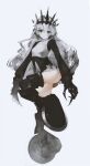  1girl absurdres bad_id bad_pixiv_id black_claws black_rock_shooter chariot_(black_rock_shooter) closed_mouth crown dress full_body gloves greyscale gyup highres long_hair looking_at_viewer monochrome simple_background solo standing standing_on_one_leg thigh-highs thighs wheel white_background 