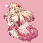  1girl artist_request blonde_hair chaos_marie_(grimms_notes) dress frills gradient_hair grimms_notes hair_ribbon heart heart-shaped_pupils highres jewelry long_hair multicolored_hair non-web_source open_mouth pendant pink_background pink_eyes puffy_short_sleeves puffy_sleeves ribbon short_sleeves simple_background smile symbol-shaped_pupils upper_body 