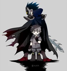  2boys antenna_hair armor back-to-back black_cape black_eyes black_footwear black_gloves black_hair blush_stickers bodysuit boots cape child closed_mouth collared_cape commentary_request covered_face dark_meta_knight fingernails from_behind full_body galaxia_(sword) gloves gradient_cape greaves grey_background grey_hair grey_romper hair_between_eyes hand_on_own_chin height_difference high_collar holding holding_sword holding_weapon hood hood_down hooded_bodysuit kirby_(series) knee_boots male_focus mato_(mozu_hayanie) multiple_boys pauldrons personification red_footwear romper sabaton scar scar_across_eye shadow shadow_kirby short_hair short_sleeves shoulder_armor smile spiky_hair star_(symbol) sword torn_cape torn_clothes translation_request weapon yellow_eyes 