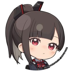  1girl armored_boots bag blunt_bangs blush boots brown_hair chibi closed_mouth commentary english_commentary full_body goddess_of_victory:_nikke grey_skirt headgear high_ponytail highres jacket light_frown long_hair long_sleeves looking_at_viewer miniskirt no_nose nose_blush parted_bangs red_eyes school_bag school_uniform skirt solo standing totatokeke zwei_(nikke) 