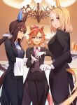  3girls :o admire_vega_(umamusume) animal_ears arm_behind_back asymmetrical_bangs black_jacket black_pants blonde_hair brooch brown_hair butler champagne_flute chandelier collared_shirt cross_tie cup drinking_glass feet_out_of_frame female_butler gloves hand_on_own_chest highres holding holding_tray horse_ears horse_girl horse_tail indoors jacket jewelry long_hair long_sleeves looking_at_viewer low_ponytail multiple_girls nanaheibei_3 narita_top_road_(umamusume) open_clothes open_jacket open_mouth orange_hair orange_tail pants shirt short_hair sideways_mouth smile standing t.m._opera_o_(umamusume) tail tail_through_clothes tailcoat towel tray umamusume vest violet_eyes white_gloves white_shirt yellow_eyes 