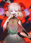  1girl curly_hair eye_print holding holding_spork horizontal_pupils horn_ornament horn_ribbon horns meandros open_mouth patterned_clothing rectangular_pupils red_horns red_sleeves ribbon sharp_teeth sheep_horns short_hair solo spork teeth touhou toutetsu_yuuma upper_body upper_teeth_only zxzy520 