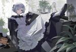  1boy absurdres androgynous apron black_eyes black_gloves couch dungeon_meshi full_body gloves highres indoors maid maid_apron male_focus maratang mary_janes mithrun on_couch otoko_no_ko shoes short_hair sitting socks solo white_hair 