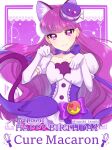  1girl animal_ears breasts cat_ears character_name choker collarbone cure_macaron dated dress earrings elbow_gloves extra_ears food-themed_hair_ornament gloves hair_ornament happy_birthday heart_pouch jewelry kirakira_precure_a_la_mode kotozume_yukari long_hair looking_at_viewer macaron_hair_ornament magical_girl pom_pom_(clothes) pom_pom_earrings precure purple_choker purple_hair purple_tail ribbon_choker small_breasts smile solo tanshi_tanshi twitter_username upper_body very_long_hair violet_eyes white_gloves 