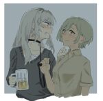  2girls beer_mug black_sweater blush brown_eyes brown_hair brown_shirt closed_mouth collar collared_shirt cup drink enanbender girls_band_cry grey_hair hand_on_another&#039;s_shoulder holding holding_drink holding_leash kawaragi_momoka leash long_hair looking_at_another mug multicolored_hair multiple_girls roots_(hair) rupa_(girls_band_cry) shirt smile sweater upper_body 