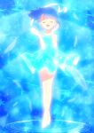  1girl barefoot blue_dress blue_eyes blue_hair closed_eyes commentary_request dress facing_viewer feathered_wings full_body glowing_clothes glowing_dress hair_undone highres hirogaru_sky!_precure holding kyanos_(b_0000ff) medium_hair open_mouth partial_commentary precure short_dress sky_mirage sleeveless sleeveless_dress smile solo sora_harewataru standing star_(symbol) tiptoes transformation wind wind_lift wings 