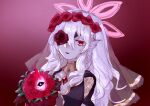  1girl animal_ears bat_ears bat_girl bouquet bride dress embla_(closed-off_bride)_(fire_emblem) embla_(fire_emblem) fire_emblem fire_emblem_heroes flower flower_eyepatch gem gold_trim halo holding holding_bouquet mayo_chocomint official_alternate_costume pale_skin red_brooch red_eyes red_flower red_gemstone red_halo red_rose rose wedding_dress white_hair 