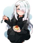  1girl black_capelet black_dress capelet crumbs dress eating food hair_ornament hairpin holding holding_spoon jamir long_hair long_sleeves looking_at_viewer noir_(noworld) noworld piano_keys pudding spoon virtual_youtuber white_background white_hair 