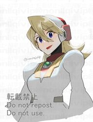 1girl alia_(mega_man) blonde_hair blue_eyes chest_jewel coat helmet mega_man_(series) mega_man_x_(series) official_alternate_costume pink_helmet simple_background solo twitter_username upper_body watermark white_background white_coat yamanashi_taiki 