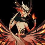  1girl black_background blonde_hair blue_eyes butterfly_mask crimson_lotus_moth_(genshin_impact) dress eye_mask fire fur_trim genshin_impact highres insect_wings kunniho long_hair mask mask_over_one_eye moth_wings ponytail red_dress signora_(crimson_witch_of_embers)_(genshin_impact) signora_(genshin_impact) simple_background solo torn_mask very_long_hair wings 