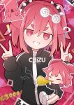  ! 1girl 421ooouy :3 ? @_@ absurdres animal arrow_(symbol) black_hairband black_jacket cat chibi chibi_inset closed_mouth double_v eyewear_on_head hairband highres jacket konton_boogie_(vocaloid) long_hair long_sleeves pink_eyes pink_hair round_eyewear sharp_teeth sidelocks solo spiked_hairband spikes star_(symbol) sweat teeth thick_eyebrows track_jacket twintails v vocaloid watermark 