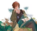  1boy black_pants black_sweater blue_flower blue_spider_lily book brown_hair chinese_commentary closed_mouth coat collared_shirt commentary_request flower green_coat harada_mutei long_sleeves male_focus open_book open_clothes open_coat orange_eyes pants saibou_shinkyoku shirt short_hair sitting solo spider_lily sweater white_shirt wide_sleeves yitilianliu 