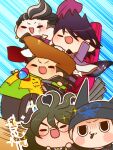  5boys :3 arm_on_another&#039;s_head arm_up beanie belt black-framed_eyewear black_belt black_coat black_eyes black_hair black_hat black_jacket black_pants blue_background blush_stickers brown_hair brown_jacket buttons cheering chibi cigarette closed_mouth clothes_lift coat coat_partially_removed collared_coat collared_jacket collared_shirt commentary_request danganronpa:_trigger_happy_havoc danganronpa_(series) danganronpa_2:_goodbye_despair danganronpa_v3:_killing_harmony earrings facial_hair fake_horns furrowed_brow glasses goatee gokuhara_gonta green_hair green_necktie grey_hair grey_jacket hands_on_own_cheeks hands_on_own_face happy hat high_collar horned_headwear horns hoshi_ryoma jacket jewelry lapels layered_sleeves leather leather_jacket light_blush long_hair long_sleeves male_focus messy_hair midriff momota_kaito mouth_hold multicolored_hair multiple_boys necktie notched_lapels on_motorcycle open_clothes open_coat outline owada_mondo pale_skin pants pompadour purple_coat purple_hair purple_pants purple_scarf riding round_eyewear scar scar_across_eye scarf shirt short_hair sideburns simple_background solid_oval_eyes space_print sparkle speed_lines sphere_earrings spiky_hair starry_sky_print streaked_hair tanaka_gundham thick_eyebrows translation_request two-sided_coat two-sided_fabric two-tone_hair v-shaped_eyebrows very_long_hair white_outline white_shirt wind wind_lift yumaru_(marumarumaru) 