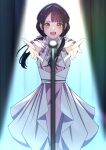  1girl absurdres animification black_hair blush bow commentary_request cowboy_shot dress fujiwaland hair_bow highres layered_dress link!_like!_love_live! link_to_the_future_(love_live!) looking_at_viewer love_live! low_twintails medium_dress microphone_stand neck_ribbon nonaka_kokona open_mouth outstretched_arms pink_dress reaching reaching_towards_viewer ribbon short_sleeves smile solo spotlight straight-on twintails voice_actor white_bow white_dress white_ribbon yellow_eyes 
