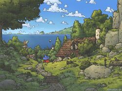  1other artist_name aurumek birdhouse blue_hat blue_sky bush chimney clouds commentary day direction_board english_commentary facing_away grass hat highres hill holding holding_staff house log mage_staff mountainous_horizon ocean original outdoors path rock scenery ship sky solo staff tile_roof tree village water watercraft windmill witch_hat 