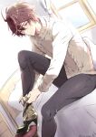  1boy absurdres ahoge artist_name black_leggings boots brown_hair commentary_request cropped_legs dressing expressionless fur-trimmed_boots fur_trim granblue_fantasy hair_between_eyes high_heel_boots high_heels highres kana_(251373) leggings male_focus messy_hair on_bed putting_on_boots red_eyes ribbed_sweater sandalphon_(granblue_fantasy) sandalphon_(valentine)_(granblue_fantasy) short_hair signature stool sweater turtleneck turtleneck_sweater twitter_username white_sweater window 