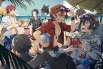  6+boys akutagawa_ryuunosuke_(bungou_stray_dogs) aviator_sunglasses ball bandage_on_face bandaged_arm bandages beach beach_umbrella beachball black_hair blue_eyes brown_hair bungou_stray_dogs clouds dazai_osamu_(bungou_stray_dogs) glass jacket kiragera multiple_boys nakahara_chuuya ocean oda_sakunosuke_(bungou_stray_dogs) open_mouth red_eyes red_jacket sand sandals shirt short_hair smile sunglasses umbrella white_shirt 