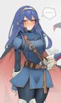  ... 1girl absurdres azz0422 belt black_cape blue_eyes blue_hair blue_pants blush brand_of_the_exalt cape closed_mouth eyelashes falchion_(fire_emblem) fire_emblem fire_emblem_awakening gold_trim highres long_hair looking_at_viewer lucina_(fire_emblem) pants red_cape sheath sheathed solo spoken_ellipsis sword symbol-shaped_pupils tiara two-tone_cape weapon white_background 