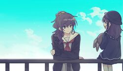  0_(prsk_ak1) 1girl age_progression asahina_mafuyu black_cardigan blue_cardigan blue_sailor_collar blue_skirt blue_sky cardigan closed_mouth clouds commentary_request dual_persona grey_scrunchie grey_serafuku grey_shirt hair_ornament hair_scrunchie half_updo highres holding holding_stuffed_toy long_hair long_sleeves miyamasuzaka_girls&#039;_academy_school_uniform neckerchief open_cardigan open_clothes pleated_skirt project_sekai purple_hair railing red_neckerchief sailor_collar school_uniform scrunchie serafuku shirt skirt sky sleeves_past_wrists stuffed_toy violet_eyes white_sailor_collar 