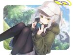  black_halo black_pantyhose blue_archive courreges_ace green_eyes green_halo green_jacket halo hare_(blue_archive) hare_(camp)_(blue_archive) jacket long_hair multicolored_halo official_alternate_costume pantyhose thighs two-tone_halo white_background white_hair 