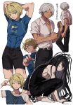  3boys abs aoi_(yooo009) armpits arms_behind_head arms_up barefoot belt black_hair black_pants blonde_hair collarbone collared_shirt dark-skinned_male dark_skin green_eyes grey_eyes grey_hair highres himuro_ryou imai_cosmo inaba_ryou jewelry kengan_(series) kengan_ashura long_hair looking_at_viewer male_focus multiple_boys multiple_views necklace non-web_source one_eye_closed pants ranguage shirt short_hair short_sleeves shorts simple_background smile t-shirt teeth white_background 