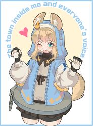  1girl androgyne_symbol animal_ears bike_shorts black_gloves blonde_hair blush bridget_(guilty_gear) commentary_request cuffs female_focus fingerless_gloves gloves guilty_gear guilty_gear_strive habit highres hood hood_up hooded_jacket hoodie jacket jojcachu kemonomimi_mode korean_commentary long_sleeves looking_at_viewer lyrics medium_hair open_clothes open_mouth partial_commentary smile solo tail 
