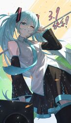  1girl 39 aliasing aqua_eyes aqua_hair aqua_necktie black_skirt black_sleeves chinese_commentary collared_shirt commentary_request cowboy_shot detached_sleeves fuka_(pixiv_84081952) grin hand_up hatsune_miku long_hair long_sleeves looking_at_viewer miniskirt necktie number_tattoo one_eye_closed pleated_skirt shirt shoulder_tattoo skirt sleeveless sleeveless_shirt smile solo speaker standing tattoo teeth translation_request twintails very_long_hair vocaloid white_shirt 