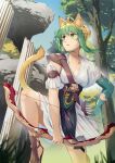  1girl animal_ears arrow_(projectile) atalanta_(fate) blonde_hair bow_(weapon) braid breasts cat_ears cat_tail dress fate/apocrypha fate/grand_order fate_(series) french_braid gradient_hair green_eyes green_hair highres long_hair looking_to_the_side medium_breasts multicolored_hair nakaga_eri quiver solo tail thighs weapon 
