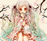  1girl aqua_hair branch cherry_blossoms covering_own_mouth flower gradient_hair hair_flower hair_ornament hand_up japanese_clothes jibaku_shounen_hanako-kun kimono long_hair magatama_hair_ornament multicolored_hair pink_flower pink_kimono red_eyes sapphire_(nine) sitting solo twintails very_long_hair white_hair yashiro_nene 