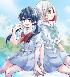  2girls aqua_neckerchief back-to-back belt black_choker blue_eyes blue_hair blue_ribbon blue_sky bob_cut choker collarbone colored_inner_hair commentary_request dark_blue_hair diagonal_bangs dollchestra dress grey_hair hair_ornament hair_ribbon hand_on_hand hand_on_own_cheek hand_on_own_face hand_rest hasu_no_sora_school_uniform highres inverted_bob invisible_chair kanduki_kamibukuro link!_like!_love_live! long_hair looking_at_viewer love_live! low_twintails mole mole_on_neck multicolored_hair multiple_girls murano_sayaka neckerchief o-ring o-ring_choker pleated_dress red_eyes red_neckerchief redhead ribbon ripples sailor_collar sailor_dress school_uniform short_dress short_hair short_sleeves sitting sky star_(symbol) star_hair_ornament streaked_hair summer_uniform tree twintails white_belt white_dress white_sailor_collar yugiri_tsuzuri 