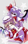  2girls absurdres ascot bat_wings buttons closed_mouth flandre_scarlet grey_background hat hat_ribbon highres ichirugi looking_at_another mob_cap multicolored_wings multiple_girls nail_polish puffy_short_sleeves puffy_sleeves red_eyes red_nails red_ribbon red_skirt red_vest remilia_scarlet ribbon ribbon-trimmed_headwear ribbon_trim shirt short_sleeves siblings simple_background sisters skirt sleeve_ribbon touhou vest white_hat white_shirt wings yellow_ascot 
