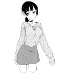  1girl absurdres bad_id bad_pixiv_id black_choker black_hair choker collarbone dende_(dndn222) greyscale hair_behind_ear highres long_sleeves monochrome original ponytail scan scan_artifacts shirt skirt sleeves_past_wrists solo standing thighs traditional_media 