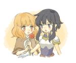  2girls armor black_hair blush breastplate deqqqooon earrings fire_emblem fire_emblem:_genealogy_of_the_holy_war gloves hair_ornament hairclip jewelry lana_(fire_emblem) larcei_(fire_emblem) looking_at_another multiple_girls open_mouth orange_eyes orange_hair purple_tunic ribbon shoulder_armor simple_background staff tunic violet_eyes 