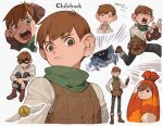  1boy boots brown_eyes brown_footwear brown_gloves brown_hair brown_vest character_name closed_mouth collared_shirt costume crab dungeon_meshi dwarf gloves grey_shirt large_ears long_sleeves looking_at_viewer male_focus motion_lines multiple_views open_mouth running scared shaded_face shirt sitting sweatdrop vest zoo_(oukakumaku) 