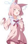  1girl animal_ear_fluff animal_ears blue_archive blue_halo closed_eyes cowboy_shot fox_ears frilled_sleeves frills halo highres long_sleeves niko_(blue_archive) open_mouth pajamas pink_hair pink_pajamas short_hair simple_background solo squeans white_background yawning zundamochi_(sera) 