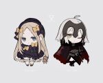  2girls :&lt; ;/ abigail_williams_(fate) ahoge armor black_bow black_dress black_footwear blonde_hair bloomers blue_eyes bow cape chibi chibi_only commentary_request dress expressionless fate/grand_order fate_(series) full_body grey_background grey_hair hair_between_eyes headpiece highres holding holding_stuffed_toy holy_grail_(fate) jeanne_d&#039;arc_alter_(fate) long_hair looking_at_viewer multiple_girls one_eye_closed parted_bangs red_cape sheath sheathed sidelocks simple_background sleeves_past_fingers sleeves_past_wrists star_(symbol) stuffed_animal stuffed_toy sumi_(gfgf_045) sword teddy_bear very_long_hair weapon white_bloomers yellow_bow yellow_eyes 