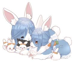  2girls animal_ear_fluff animal_ears black_scarf blue_fur blue_hair braid carrot carrot_hair_ornament closed_eyes don-chan_(usada_pekora) feko food-themed_hair_ornament fur_scarf hair_ornament hololive hololive_fantasy mother_and_daughter multiple_girls pekomama pekomon_(usada_pekora) rabbit rabbit-shaped_pupils rabbit_ears rabbit_girl rabbit_tail scarf short_eyebrows symbol-shaped_pupils tail twin_braids usada_pekora virtual_youtuber white_background 