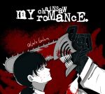  1boy 1girl absurdres album_cover_redraw blood blood_on_clothes blood_on_face chainsaw_man commentary_request denji_(chainsaw_man) derivative_work gratam highres limited_palette mitaka_asa my_chemical_romance necktie parody sharp_teeth spanish_commentary teeth twitter_username 