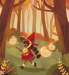  1girl bow child creature dark-skinned_female dark_skin dress from_side grass hairstyle_request hat highres long_hair no_lineart original outdoors pianta_celi red_dress red_hat ribbon shoes socks solo tree walking witch_hat yellow_ribbon 