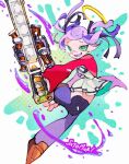  1girl :d artist_name black_ribbon blue_thighhighs bokusatsu_tenshi_dokuro-chan brown_footwear colored_tongue commentary_request cosplay fangs film_grain floating_hair full_body green_eyes grizzco_splatana_(splatoon) hair_ribbon halo highres holding holding_weapon inkling inkling_girl inkling_player_character jacket loafers looking_at_viewer mitsukai_dokuro mitsukai_dokuro_(cosplay) open_clothes open_jacket open_mouth paint_splatter pleated_skirt purple_hair purple_tongue red_jacket ribbon satomori shirt shoes short_twintails skirt skirt_set smile solo splatoon_(series) splatoon_3 standing standing_on_one_leg tentacle_hair thigh-highs traditional_halo twintails uneven_eyes weapon white_shirt white_skirt yellow_halo 