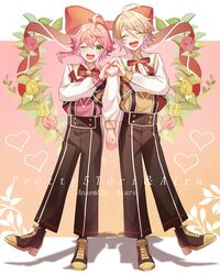  2boys :d absurdres ahoge bishounen black_footwear bow bowtie brown_pants character_name copyright_name drop_shadow ensemble_stars! full_body gradient_background happy heart heart_hands heart_hands_duo high-waist_pants highres holding_hands letterboxed light_blush long_sleeves looking_at_viewer male_focus matching_outfits multiple_boys outside_border pants peter_pan_collar red_bow shino_(sinotaro_) shirt_tucked_in shoulder-to-shoulder smile standing standing_on_one_leg suspenders teeth 