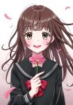  1girl absurdres blush bow brown_eyes brown_hair floating_hair flower gerbera gradient_background highres holding holding_flower konatsu_miki long_hair long_sleeves looking_at_viewer open_mouth original school_uniform serafuku smile straight-on uniform upper_body 