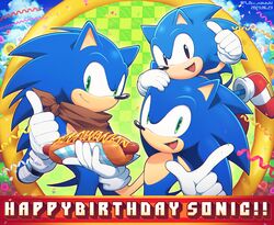  3boys animal_ears animal_nose birthday black_eyes brown_bandana checkered_background commentary_request food furry furry_male gloves green_eyes happy_birthday highres holding holding_food looking_at_viewer male_focus multiple_boys multiple_persona on_head open_mouth red_footwear ring_(sonic) shoes show_chiku-by smile sonic_(series) sonic_boom_(series) sonic_the_hedgehog sonic_the_hedgehog_(classic) standing thumbs_up twitter_username white_gloves 