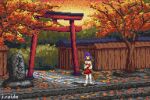  1girl animated animated_gif autumn autumn_leaves blue_hair j.raido japanese_clothes leaf outdoors pixel_art red_eyes red_skirt scenery short_hair shrine skirt solo standing torii tree wide_shot 