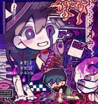  1boy 1girl black_eyes black_footwear black_hair candle chibi colored_skin grin highres long_hair mari_(headspace)_(omori) mari_(omori) omori parted_lips purple_hair short_hair smile socks sunny_(omori) teeth uminosoko44 violet_eyes white_skin white_socks 