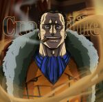  1boy ascot black_hair blue_ascot character_name cigar coat coat_on_shoulders commentary corey_miller crocodile_(one_piece) english_commentary hair_slicked_back looking_at_viewer male_focus one_piece open_mouth sand short_hair smile smoke smoking solo stitched_face stitches teeth 